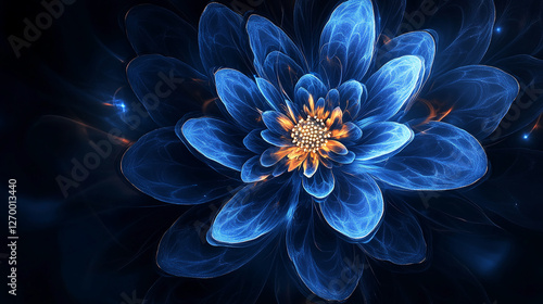Abstract glowing blue and orange flower with luminous petals and soft light trails, representing digital art, nature, and the beauty of blooming flowers in an imaginative style.