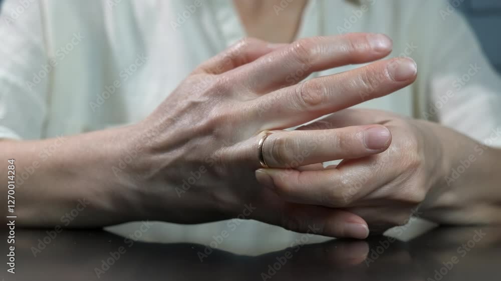 Female hold ring after breakup. A woman have a breakup in her family and remove the golden wedding ring from her finger indoor.