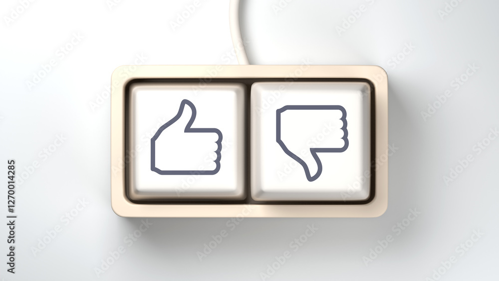 These keys symbolize social media engagement, user feedback, opinions, online interactions, approval or disapproval. A close-up of a computer keyboard featuring two buttons: Like and 