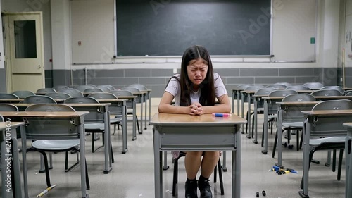 Lonely Asian Schoolgirl Crying in Classroom – Bullying, Adolescence, Isolation
