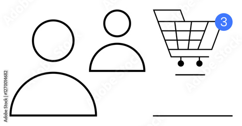 Two user icons alongside shopping cart with notification badge indicating three items. Ideal for e-commerce, customer management, notification system, online shopping, user interaction, digital