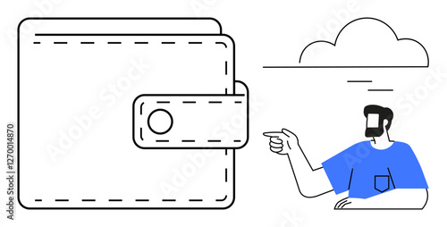 Large wallet with a snap button, man in blue shirt pointing at it, cloud symbol. Ideal for financial planning, budgeting, savings, economy, investments personal finance security. Abstract line flat