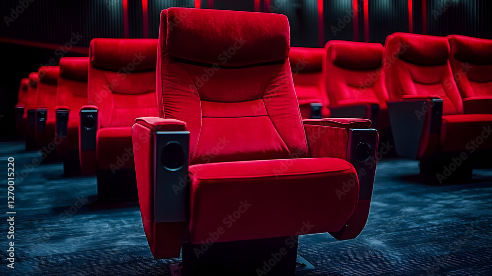Obraz premium A Single Red Theater Seat in a Row of Seats
