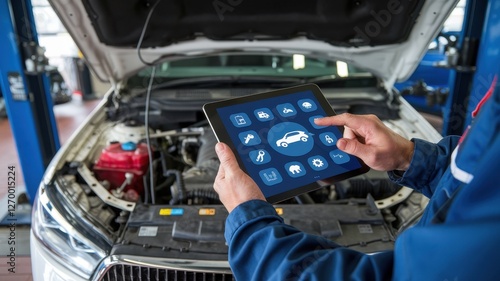 Mechanic using tablet in front of car with hood open