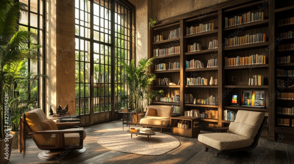 Inside the modern library, sleek e-reader docking stations and a large digital catalog display screen stand out against rows of books and comfy seating Inside the modern library, sleek e-reader docking stations and a large digital catalog display screen stand out against rows of books and comfy seating
