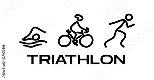 Triathlon icon with vector hand-drawn icons symbolizing swim, bike, and run. Black line or outline icons or symbols of people swimming, cycling, and running isolated on a white background.