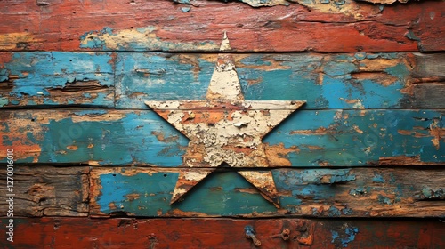A contemporary artwork featuring the historical lone star flag of Texas, framed by a weathered wooden background and complemented by bold typography in distressed vintage sepia tones, symbolizing