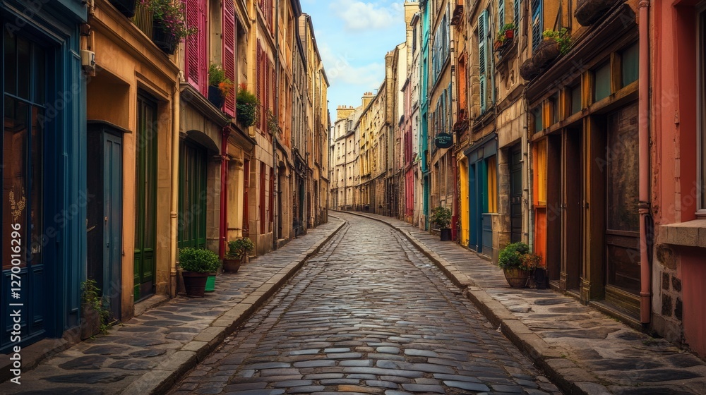 Fototapeta premium Amid the narrow alleys of Panama City's historic Casco Viejo, colorful colonial buildings and cobblestone streets blend together