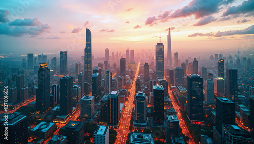 Aerial view of a vibrant city skyline at sunset, with glowing lights and modern skyscrapers, featuring a mix of urban architecture and green spaces. Wallpaper.