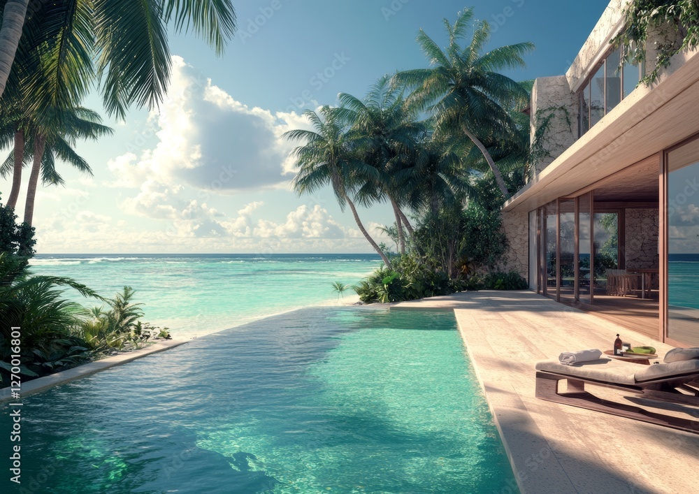 Fototapeta premium A Modern Beachfront Home with a Sparkling Pool and Lush Garden - AI Generated Wallpaper