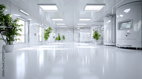 clean and modern semiconductor factory interior with bright lighting and greenery. spacious layout features advanced equipment and sterile