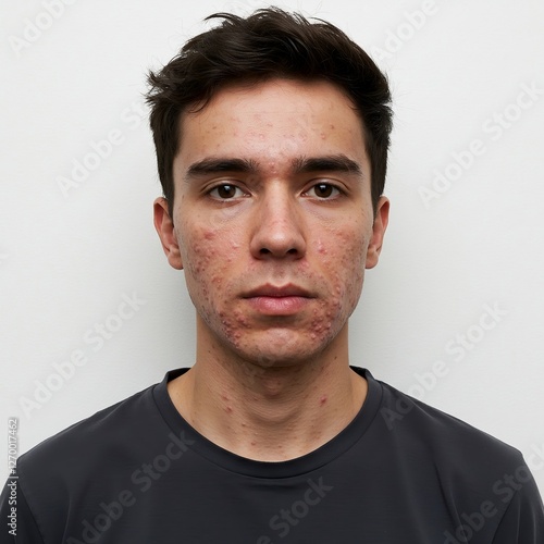 Serious Young Man with Acne and Blemished Skin Against White Background