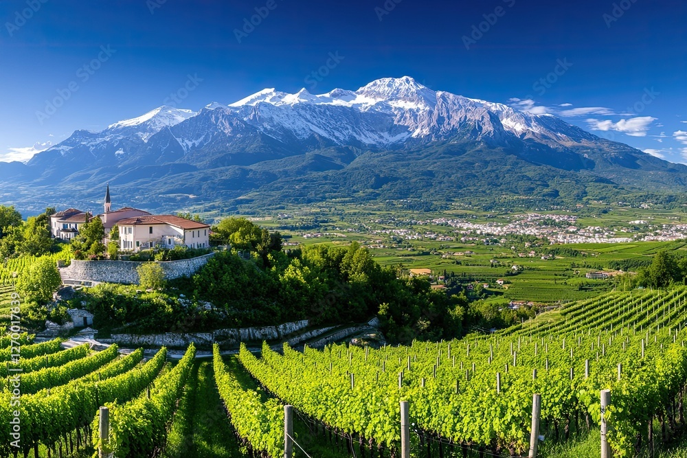 Vineyard slopes lead to mountains under a clear bright blue sky Vineyard slopes lead to mountains under a clear bright blue sky