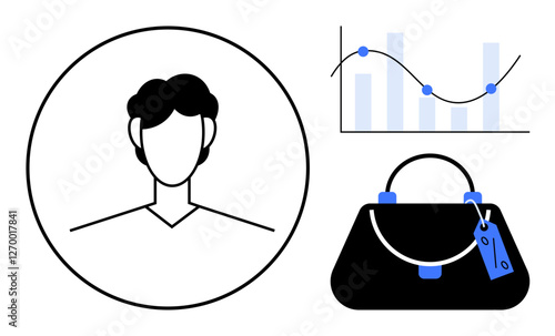 Businessperson portrait, data graph, and purse. Ideal for business, finance, lifestyle balance, data analysis, shopping trends professional identity career growth. Simple abstract line flat