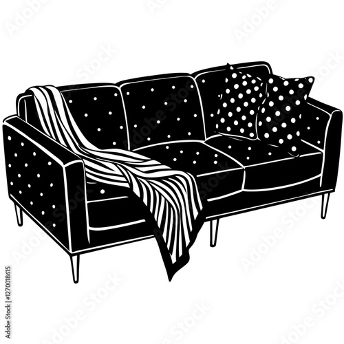 Cozy Sectional Sofa Vector Illustration - Cartoon, Clipart, and Line Art Design, Cozy sectional sofa vector illustration in cartoon, clipart, and line art styles for digital use.