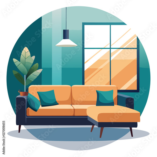 Cozy Sectional Sofa Vector Illustration - Cartoon, Clipart, and Line Art Design, Cozy sectional sofa vector illustration in cartoon, clipart, and line art styles for digital use.