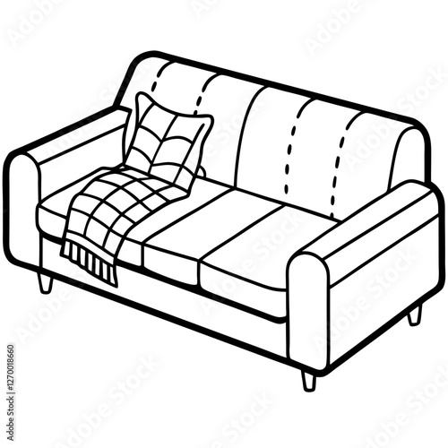 Cozy Sectional Sofa Vector Illustration - Cartoon, Clipart, and Line Art Design, Cozy sectional sofa vector illustration in cartoon, clipart, and line art styles for digital use.