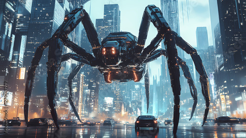 Giant robotic spiders invade futuristic city. Mechanical Spider Cities. Illustration