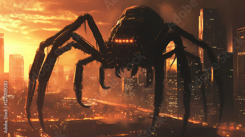 Giant robotic spiders invade futuristic city. Mechanical Spider Cities. Illustration