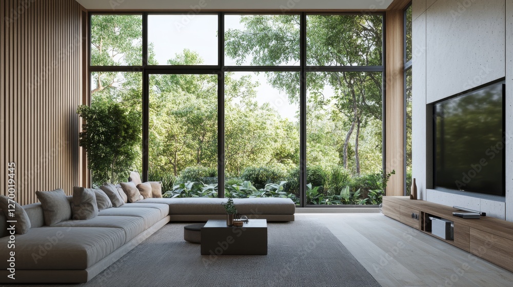 Obraz premium Modern living room with large windows overlooking a forest. Interior design, relaxing atmosphere