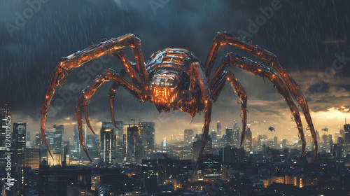 Massive mechanical spider looming in dystopian cityscape with stormy night sky. insectoid metropolises. illustration. Mechanical Spider Cities. Illustration photo