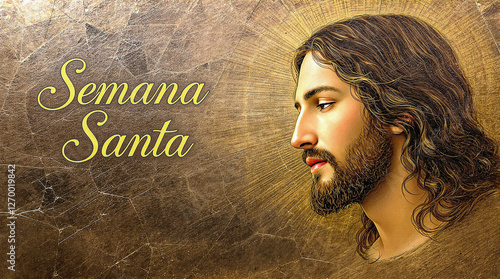 Ilustração artística de Jesus Cristo com fundo dourado texturizado e texto 