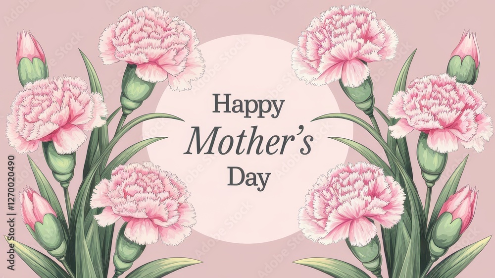 Happy mothers day with pink carnations in full bloom Happy mothers day with pink carnations in full bloom