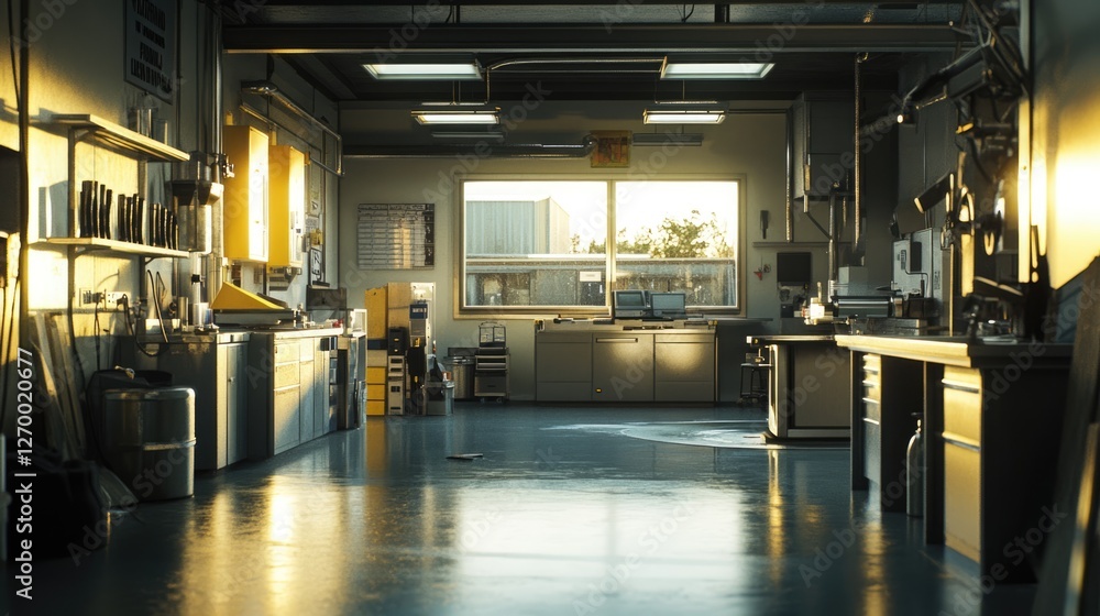 Industrial Workshop Interior: Sunlit Workspace Industrial Workshop Interior: Sunlit Workspace