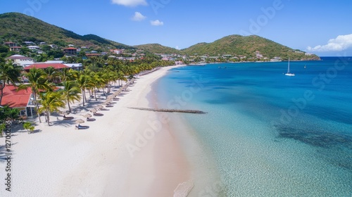 Fototapeta Naklejka Na Ścianę i Meble -  Serene Caribbean Beach Paradise: Pristine White Sand, Turquoise Waters, and Luxury Resorts