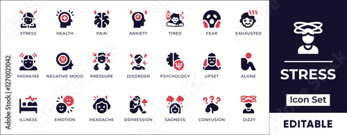 Flat stress icon set featuring anxiety, mental pressure, work burnout, emotional fatigue, depression, frustration, and overwhelmed feelings.