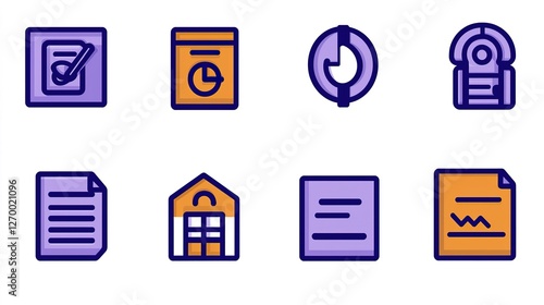A collection of colorful icons representing various aspects of documentation, planning, and organization, including checklists, reports, and graphs.
