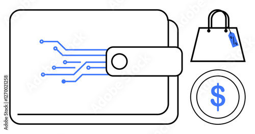 Digital wallet with circuit lines, shopping bag with tag, and dollar coin symbol. Ideal for online payments, eCommerce, retail, digital transactions, cryptocurrency, fintech innovations security