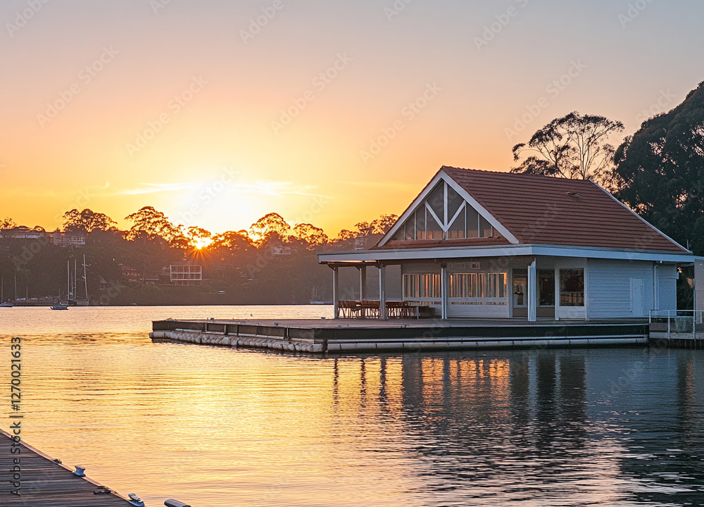 Obraz premium Sunset over a tranquil waterside house, showcasing a peaceful residential dock with warm light reflecting off the water, creating a serene and picturesque scene.