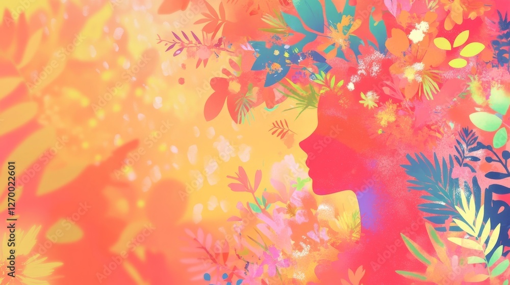 Floral Silhouette: A vibrant summer artwork featuring a woman's profile adorned with blossoming flowers and lush foliage, radiating warmth and serenity. Floral Silhouette: A vibrant summer artwork featuring a woman's profile adorned with blossoming flowers and lush foliage, radiating warmth and serenity.