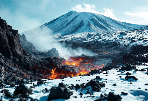 Erupción de volcán con rio de lava
