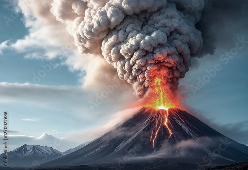 Erupción de volcán con rio de lava