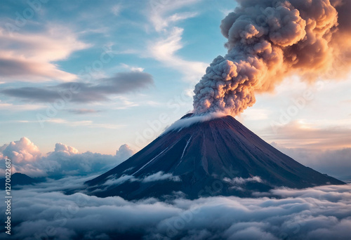 Erupción de volcán con rio de lava