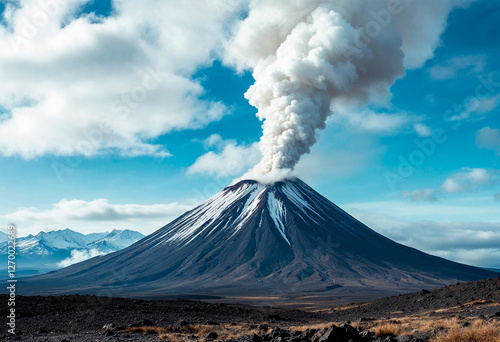 Erupción de volcán con rio de lava