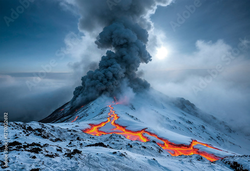 Erupción de volcán con rio de lava