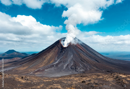 Erupción de volcán con rio de lava
