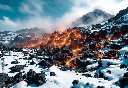 Erupción de volcán con rio de lava