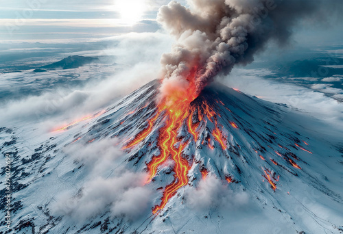 Erupción de volcán con rio de lava