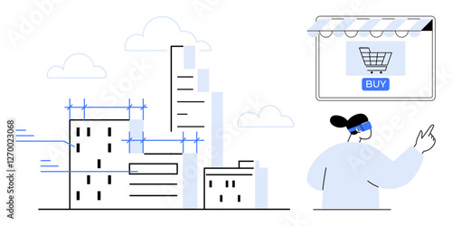 Person with VR headset interacts with virtual cityscape and online shopping cart. Ideal for topics thumbs up digital transformation, smart cities, urban planning, e-commerce, future technology