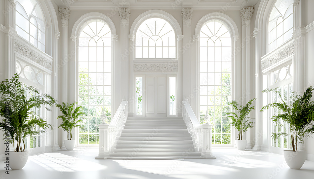 Elegant sunlit grand staircase in classical interior with arched windows Elegant sunlit grand staircase in classical interior with arched windows