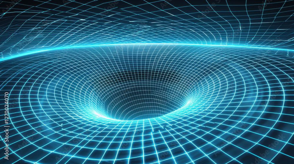 Fototapeta premium mesmerizing digital representation of black hole, featuring glowing grid pattern that illustrates gravitational pull and curvature of space time