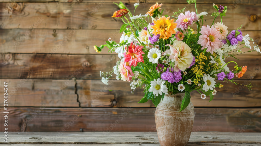 vibrant bouquet of mixed flowers in rustic vase, set against wooden background, brings cheerful and fresh atmosphere to any space vibrant bouquet of mixed flowers in rustic vase, set against wooden background, brings cheerful and fresh atmosphere to any space