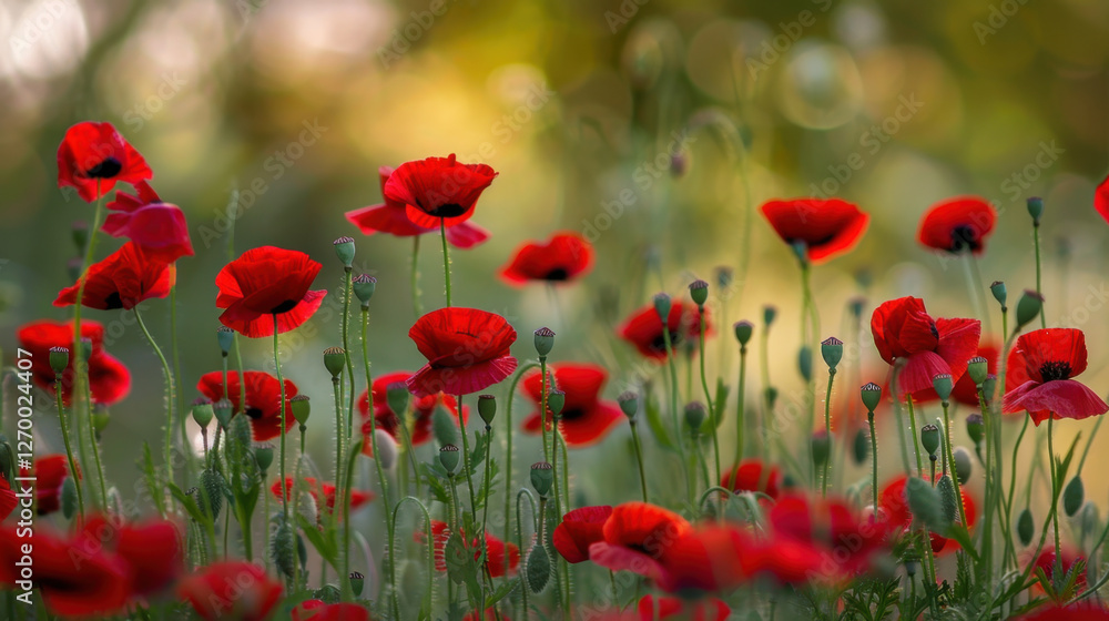 Naklejka premium Vibrant red poppy flowers bloom in lush green field, creating stunning natural scene filled with beauty and tranquility