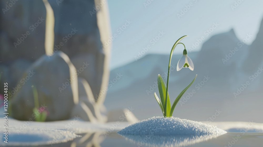delicate snowdrop flower emerges from snowy landscape, surrounded by soft snow and rocky formations, symbolizing resilience and beauty in nature delicate snowdrop flower emerges from snowy landscape, surrounded by soft snow and rocky formations, symbolizing resilience and beauty in nature
