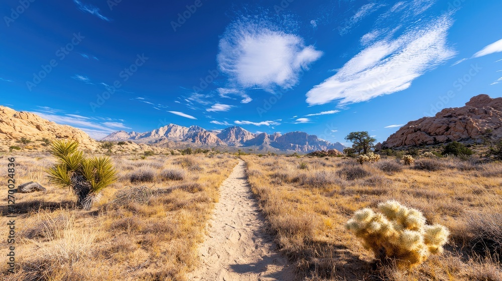 Desert Trail Under Sunny Sky. Possible use for showcasing nature beauty, hiking, exploring