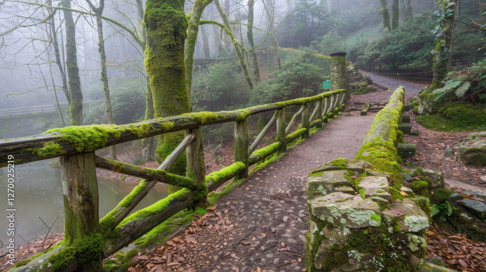 Fototapeta premium serene wooden bridge covered in moss, surrounded by foggy trees and tranquil river. lush greenery creates peaceful atmosphere, inviting exploration